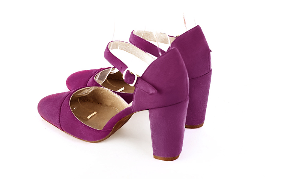 Women's mulberry purple elegant closed-back heels, with an instep strap. Round toe. High block heels - Rear view
